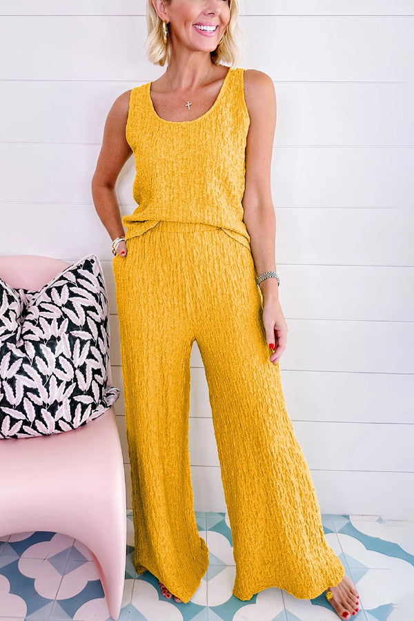 Yellow Crinkled U Neck Tank and Wide Leg Pants Set