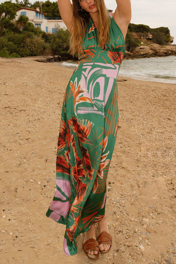Hidden Paradise Tropical Printed Cross Over Halter Backless Maxi Dress