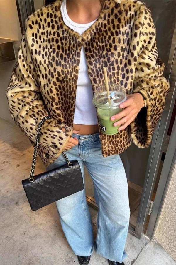 Vintage Leopard Cropped Fleece Jacket