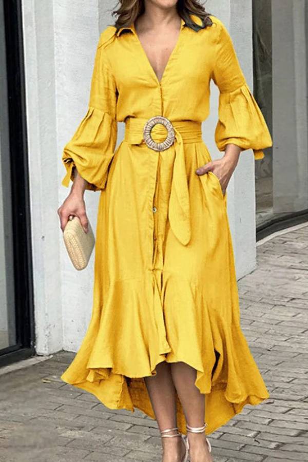Full-Sleeve V Neck Belt Button Pocket Midi Dress