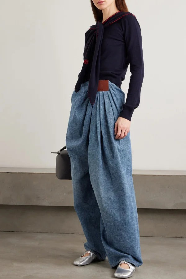 Stylish Pleated Casual Pocket Wide-leg Jeans