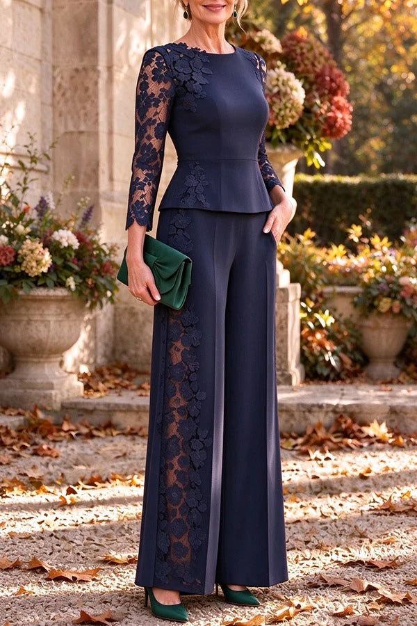 Embroidered Floral Lace Patchwork Flare Hem Top and Elastic Waist Pocket Wide Leg Pants Set