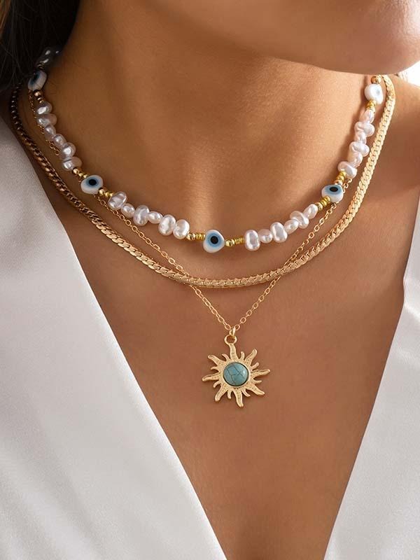Vintage Eye Pearl Sun Turquoise Necklace