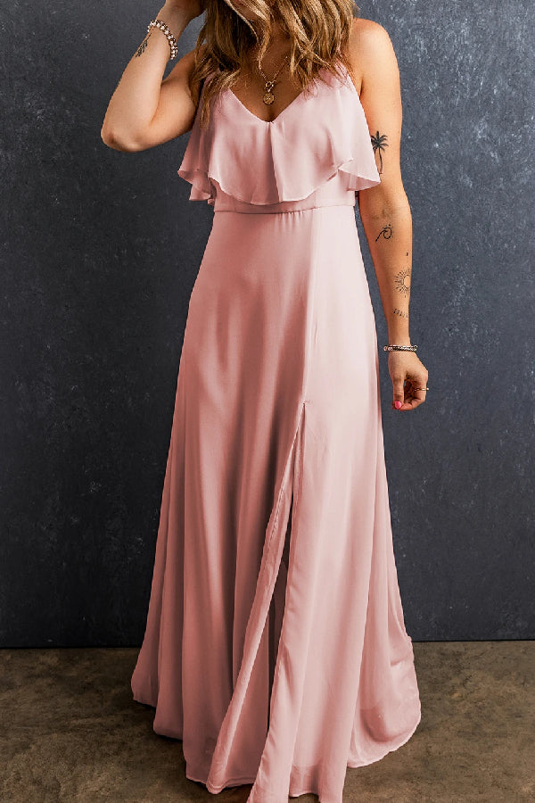Light Pink Spaghetti Straps V Neck Ruffled Split Long Dress