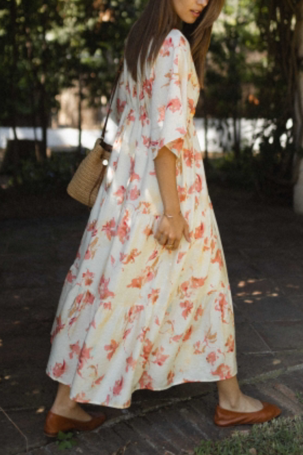 Fashion V-neck Loose Printed Long Dress