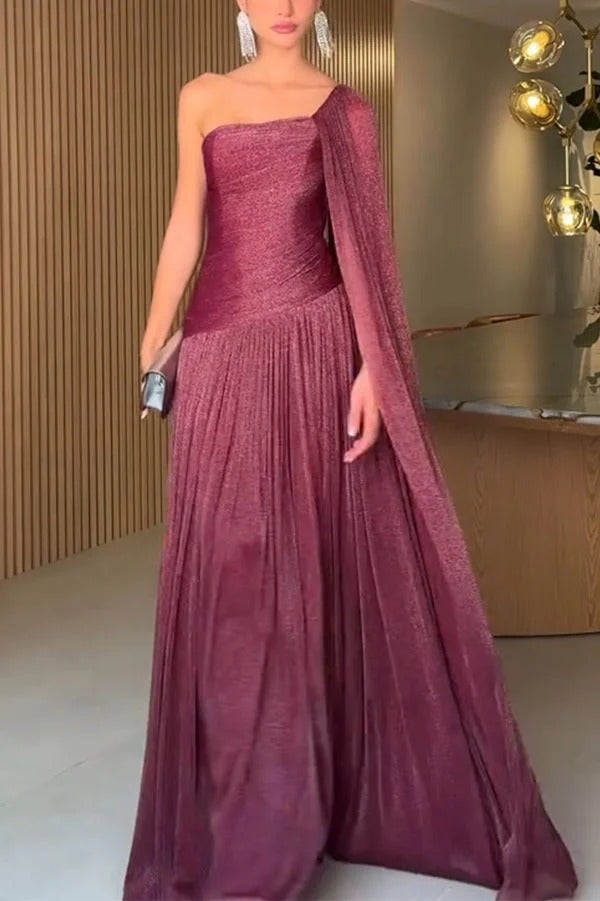 Maison Lurex Shimmer Ethereal One-Shoulder Draped Maxi Dress