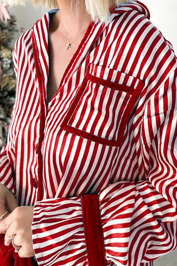 Striped Printed Color-blocked Trim Long-sleeved Loose Top and Elastic Waist Belt Wide-leg Pants Set