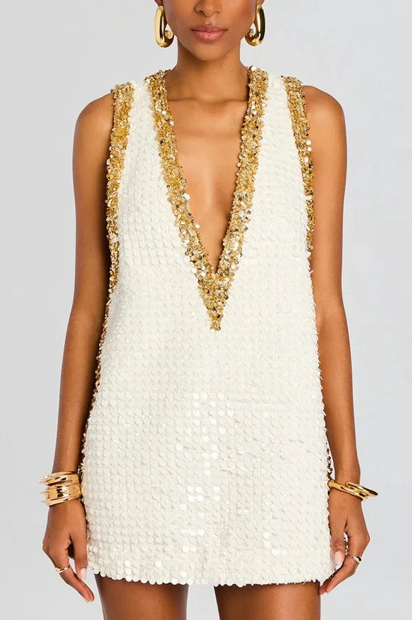 Cocktail Charm Sequin Colorblock Trim V-neck Sleeveless A-line Mini Dress