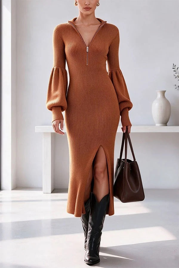 Remy Ribbed Knit Zipper High Neck Lantern Sleeve Slit Midi Dress