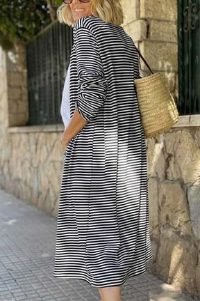 Black and White Striped Print Open Front Long Cardigan