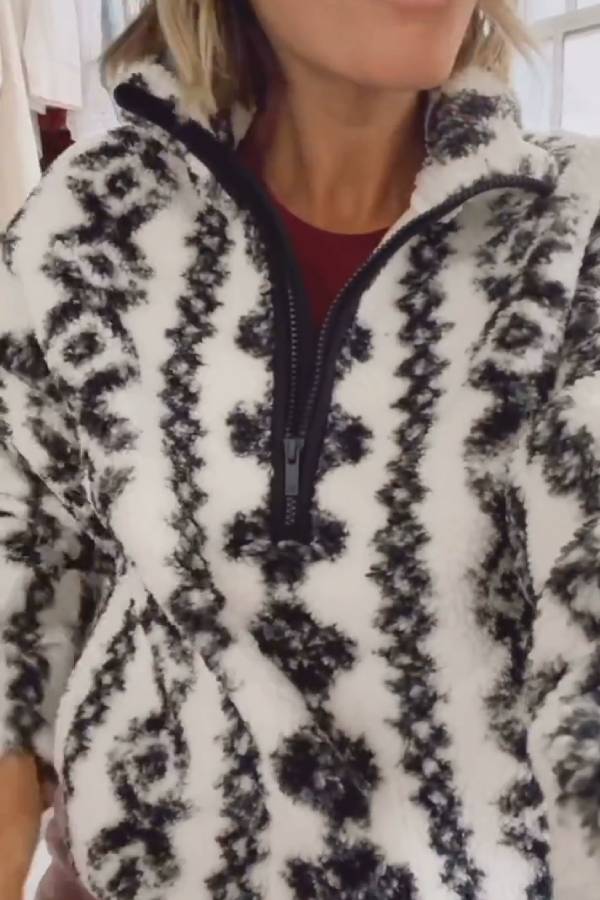Geometric print half-zip turtleneck plush coat