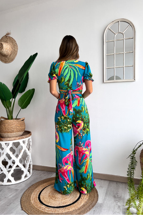 Floral Print V Neck Short Sleeves Crop Top Elastic Waist Wide Leg Pants Set