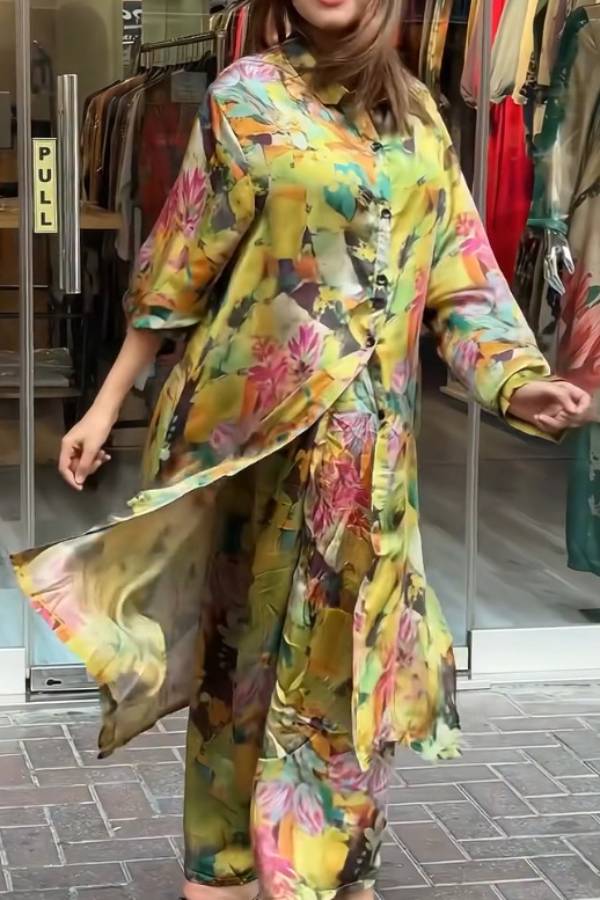 Satin Printed Long Shirt & Wide Leg Pants 2 Piece Southeast Asian Co-ord Set