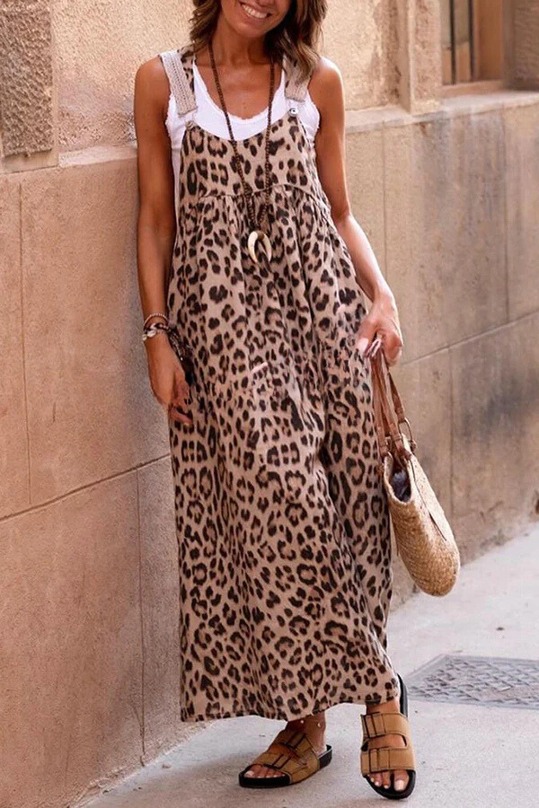 Cool Leopard Print Patchwork Suspender Maxi Dress