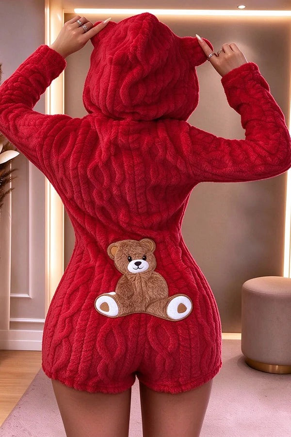 Relaxed and Cozy Teddy Bear Long Sleeve Zipper Hooded Lounge Romper