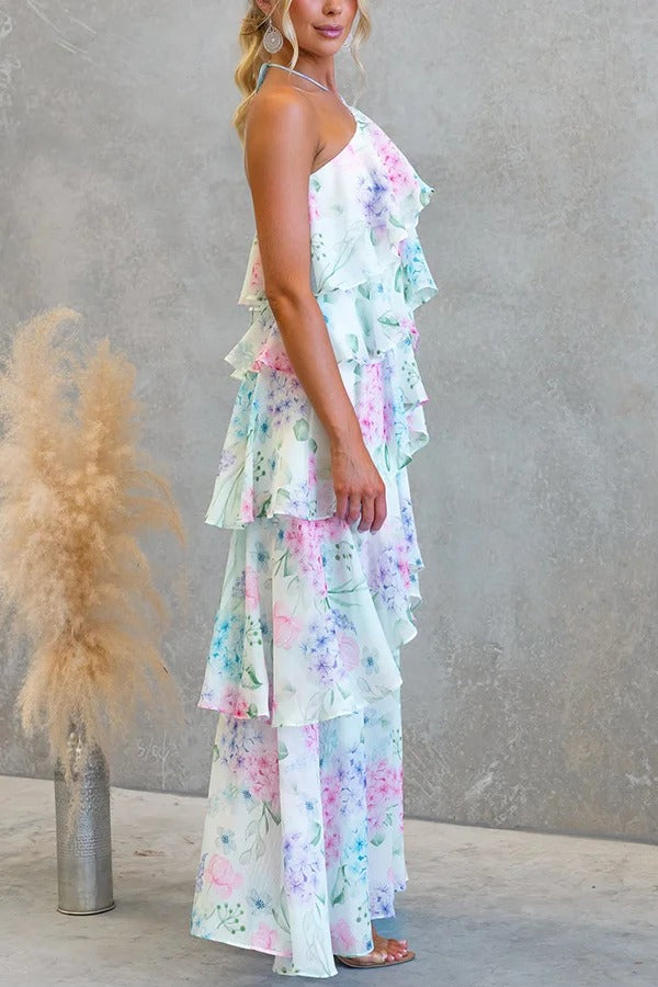 Poetic Eden Chiffon Floral Print Tiered Ruffles Halter A-line Maxi Dress