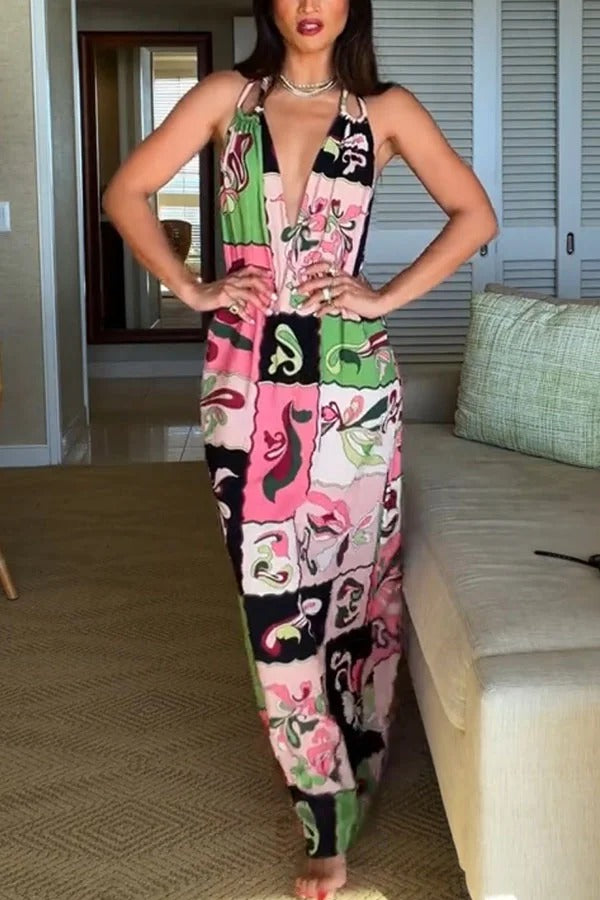 Vacation Night Unique Color-block Print U-shaped Shoulder Strap Maxi Dress