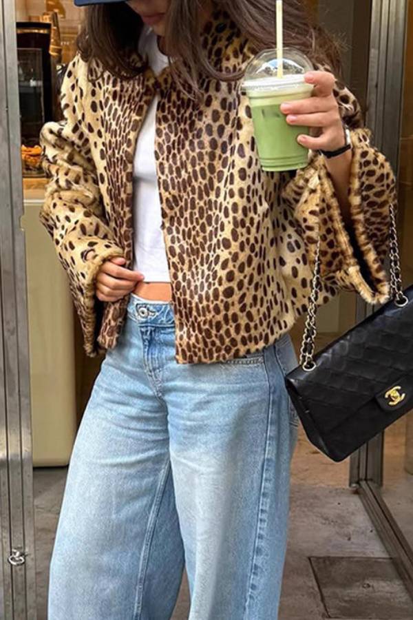 Vintage Leopard Cropped Fleece Jacket