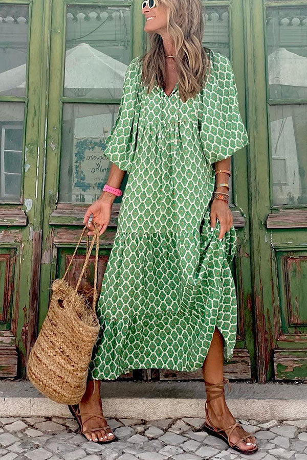 Puff Sleeve Tiered Midi Dress