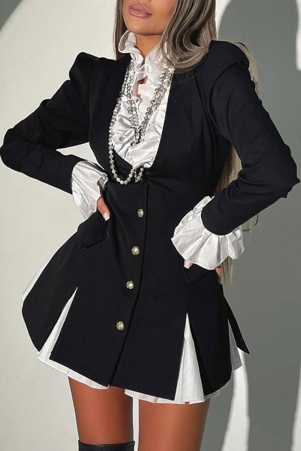 Altair Contrast Ruffled Shirt Patchwork Button Pleated Blazer Mini Dress