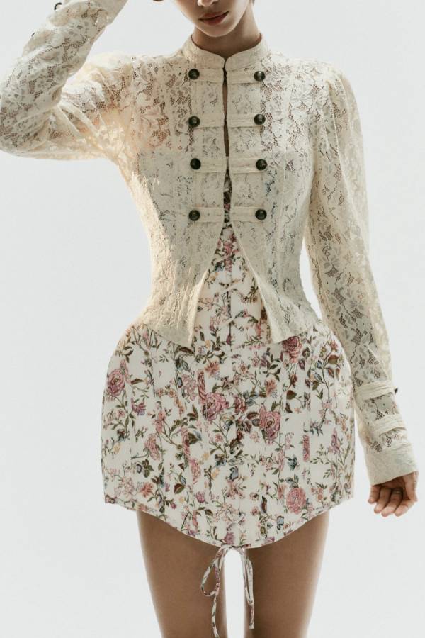 Vintage Double‑Breasted Lace Cropped Jacket