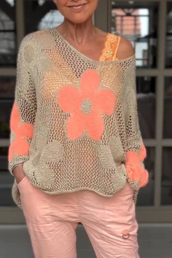 Floral Knitted Hollow V-neck Shirt Floral Mesh Sweater