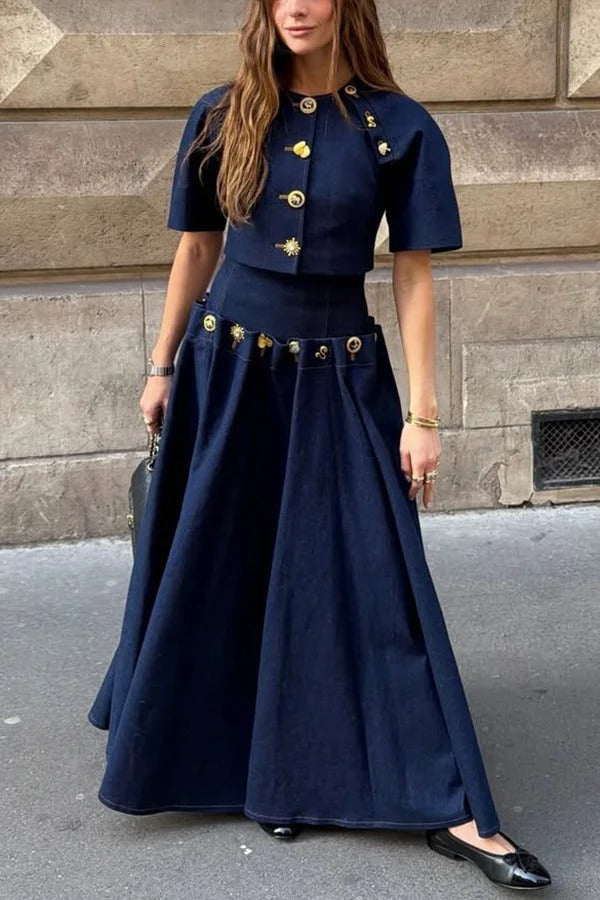 Custom Look Denim Unique Metal Pattern Buttons Lace-up Waist Crisp Hem Maxi Skirt