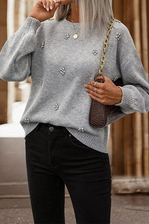 Crewneck Drop Shoulder Rhinestone Detailed Pullover Sweater