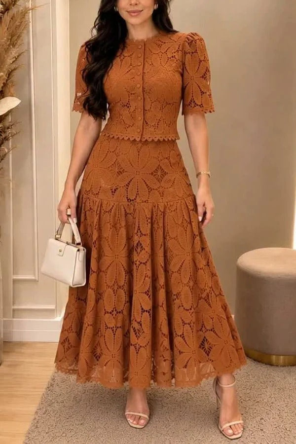Romantic Embroidered Floral Lace Short Sleeve Button Top and High Rise Pleated Full Skirt Set