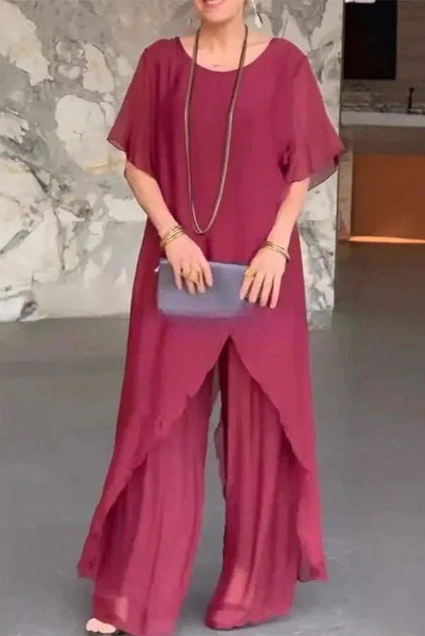 Solid Color Round Neck Irregular Loose Chiffon Top and Casual Wide-leg Pants Set