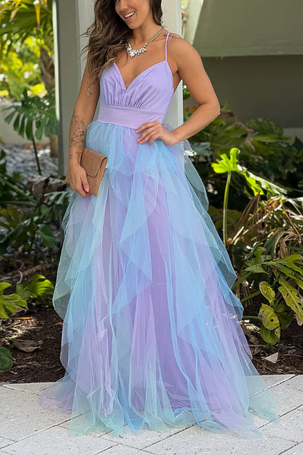 LAVENDER AND BLUE RUFFLED MESH MAXI DRESS