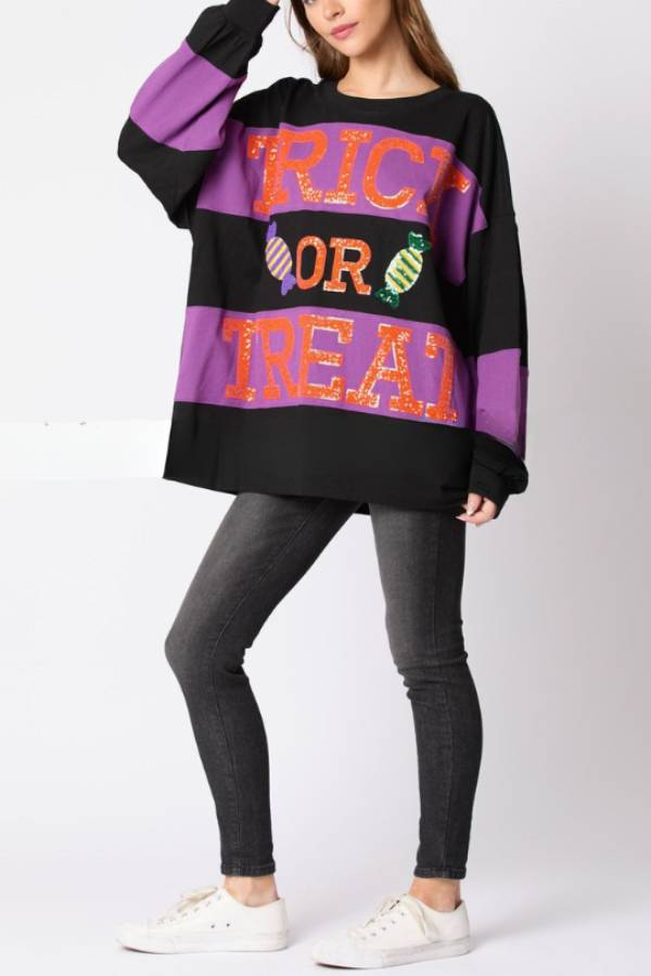 Halloween Letter Sequined Colorblock Sweatshirt Casual Top