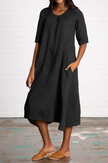 Round Neck Half Sleeve Long Solid Color Casual Cotton Linen Dress