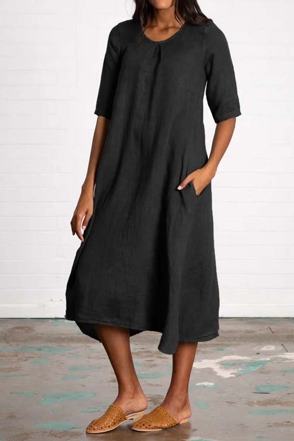 Round Neck Half Sleeve Long Solid Color Casual Cotton Linen Dress