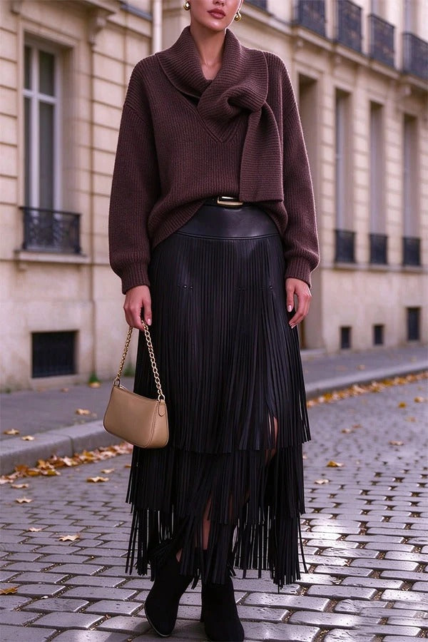 Stylish Minimalist Ribbed Knit Long Sleeve Scarf Collar Loose Sweater