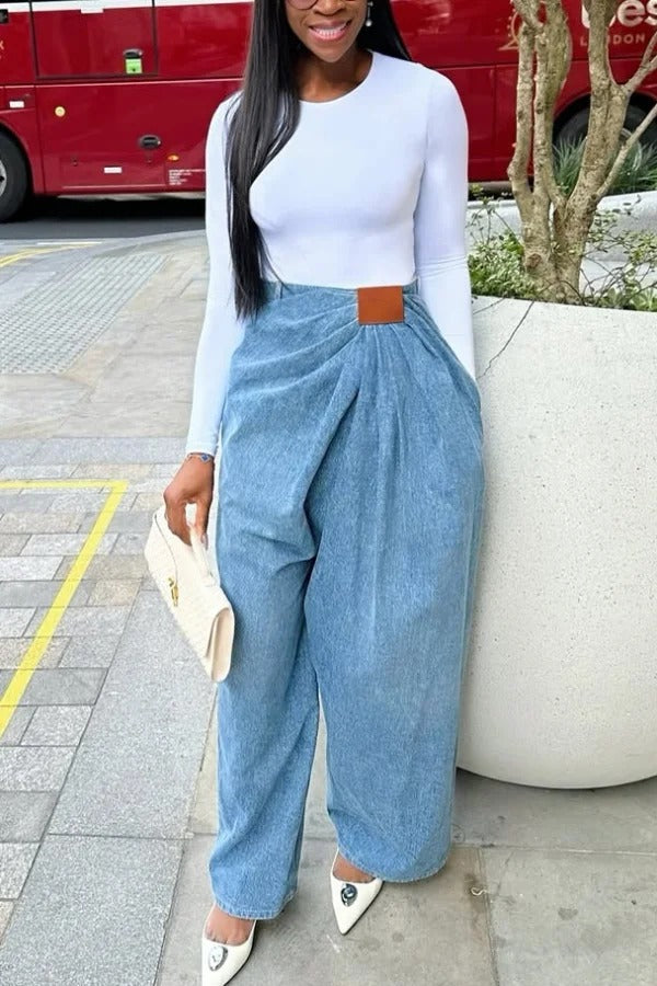 Stylish Pleated Casual Pocket Wide-leg Jeans