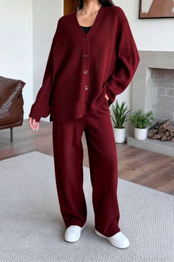 V‑Neck Knit Cardigan & Wide Leg Pants Two‑Piece Set