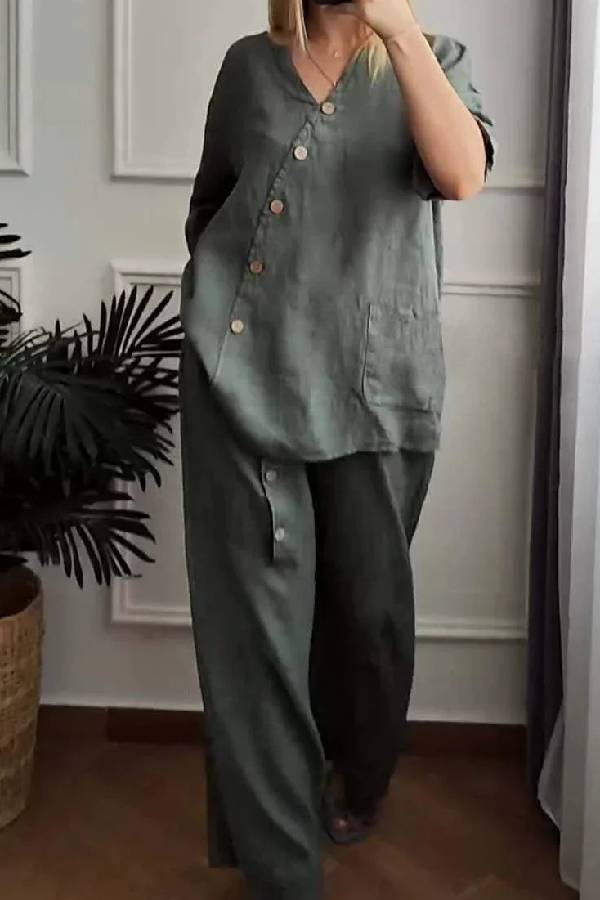 Solid Color Cotton And Linen Cropped Top & Wide Leg Pants Two-Piece Set