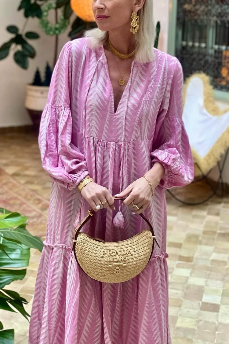 Marrakech Stories Linen Blend Printed Balloon Sleeve Pocketed A-line Midi Dress