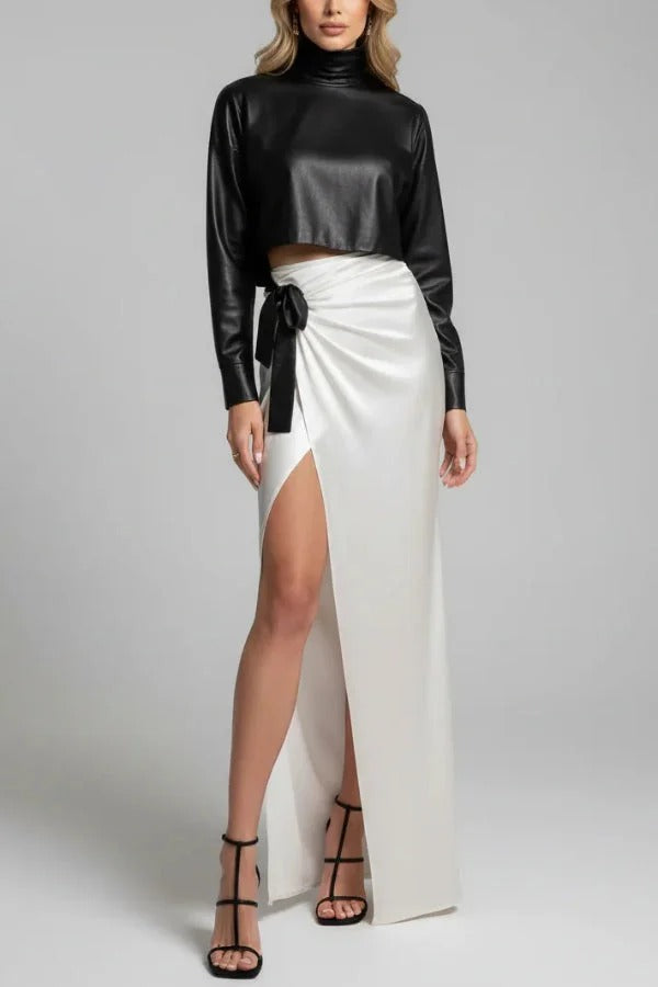 Elegant High-neck Long-sleeved Loose Top and Cross-strap High-slit Maxi Skirt Set
