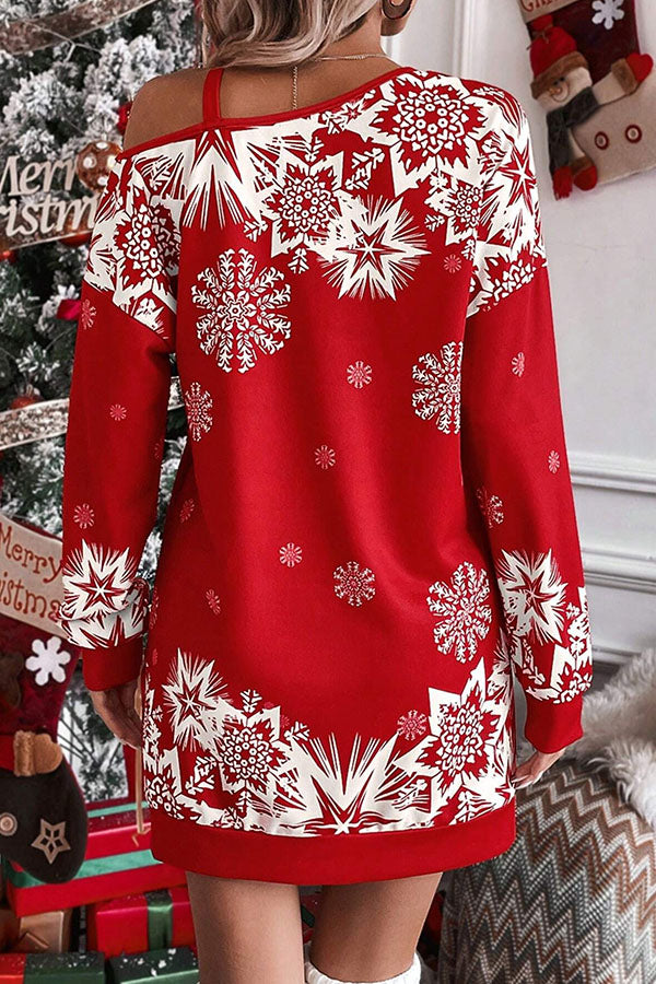 Christmas Snowflake Cold Shoulder Loose Sweatshirt Mini Dress