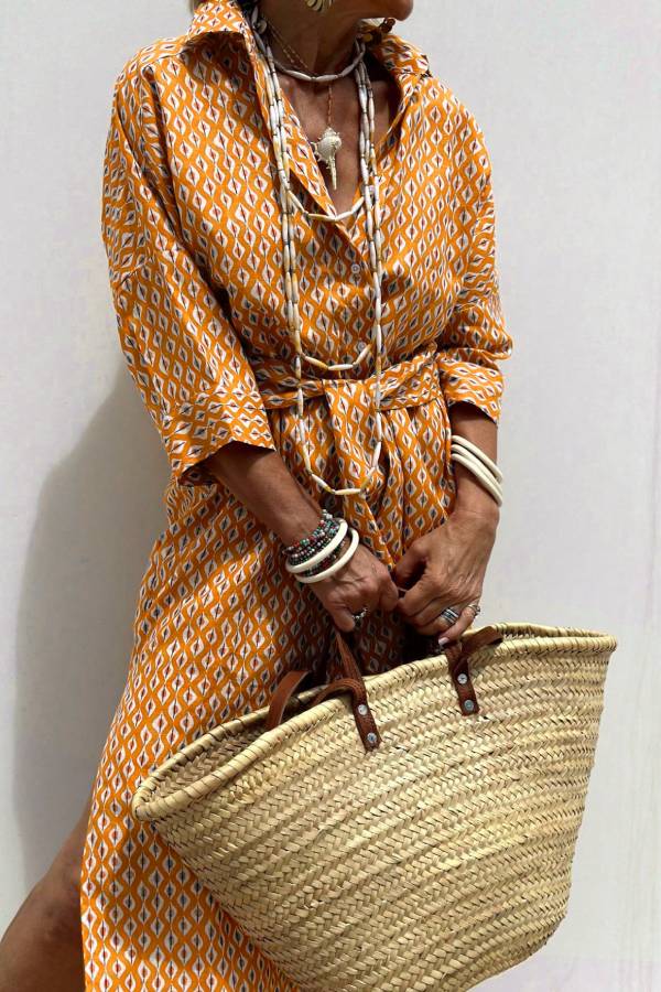 Bohemian Geometric Printed Belted Shirt Midi Dress
