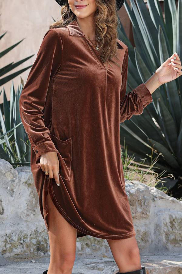 Coffee Roll Tab Sleeve Collared V Neck Velvet Dress