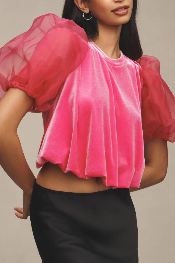 Blissful Smile Velvet Tulle Puff Sleeve Loose Blouse
