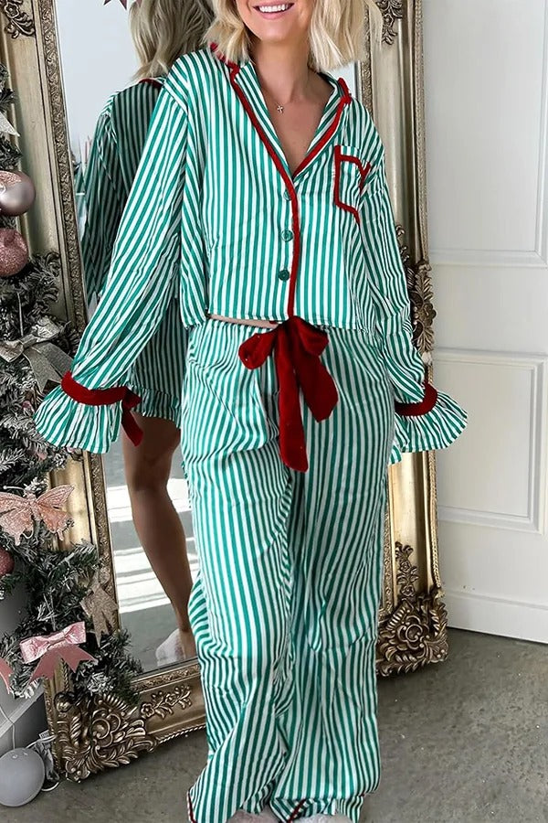 Striped Printed Color-blocked Trim Long-sleeved Loose Top and Elastic Waist Belt Wide-leg Pants Set