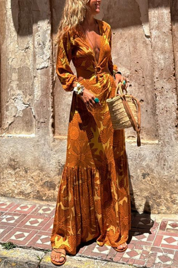 Sunflower Print Ring Cutout Waist Long Sleeve Maxi Dress