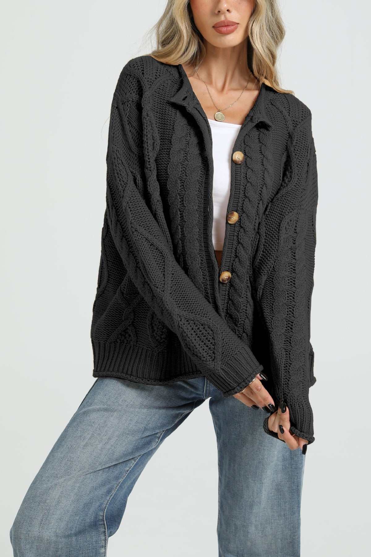 Collared Cable Knit Chunky Cardigan Sweater Coat