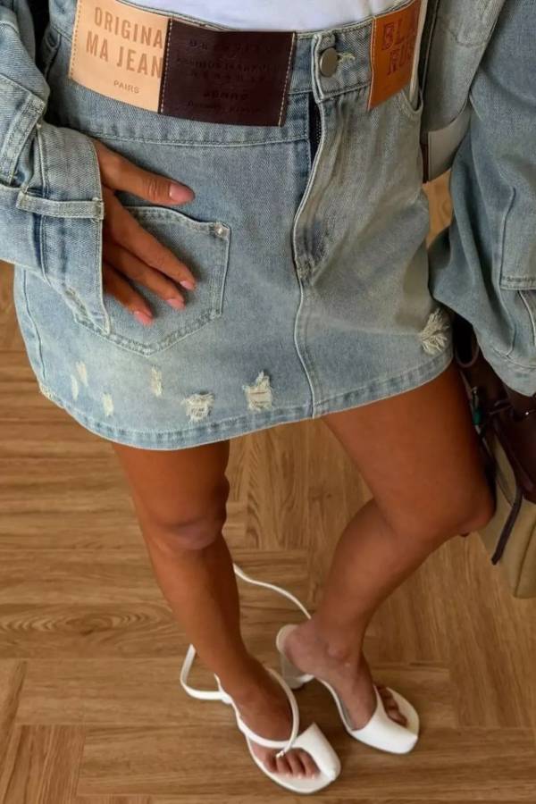Distressed Denim Jacket and Mini Skirt Set
