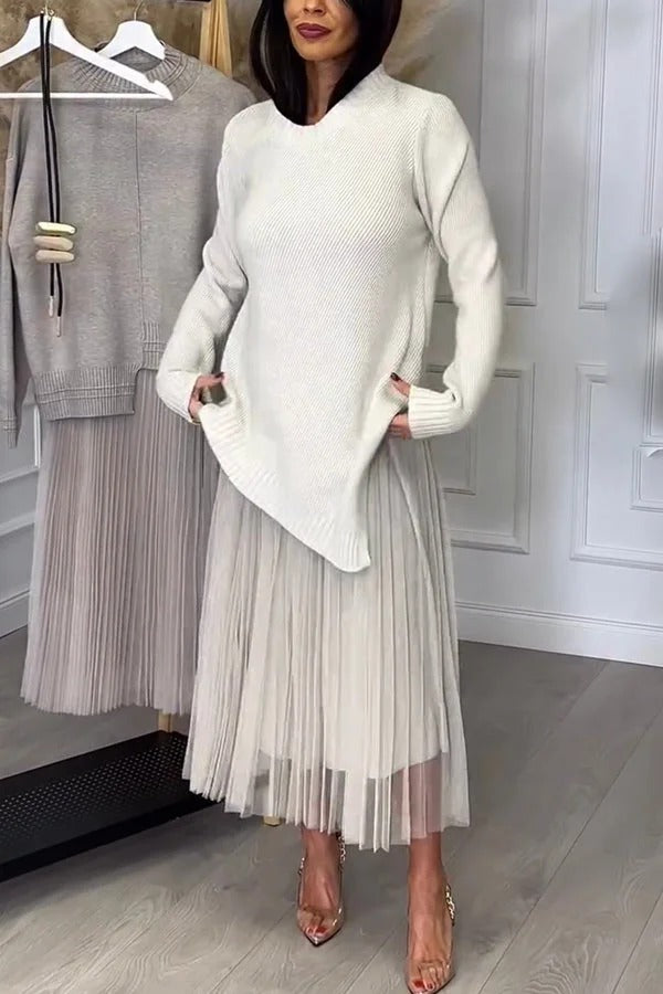 Jensine Ribbed Knit Long Sleeve Irregular Hem Loose Sweater