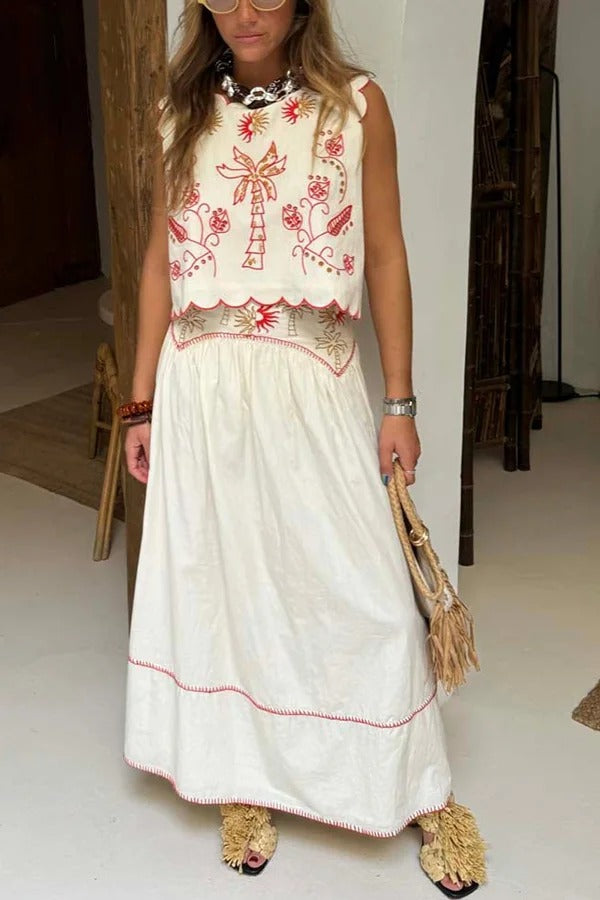 Sunny Day Linen Blend Contrast Embroidered Print Smocked Waist A-line Maxi Skirt